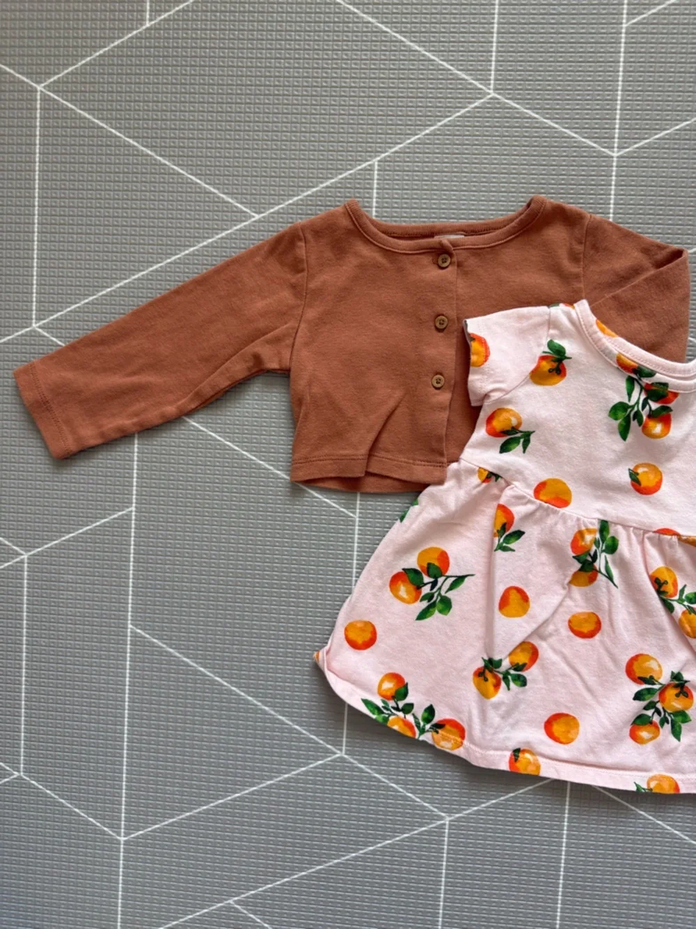 Old Navy|Baby girl boho set,Peach Print Dress & Brown Cardigan,novelty print•12M
